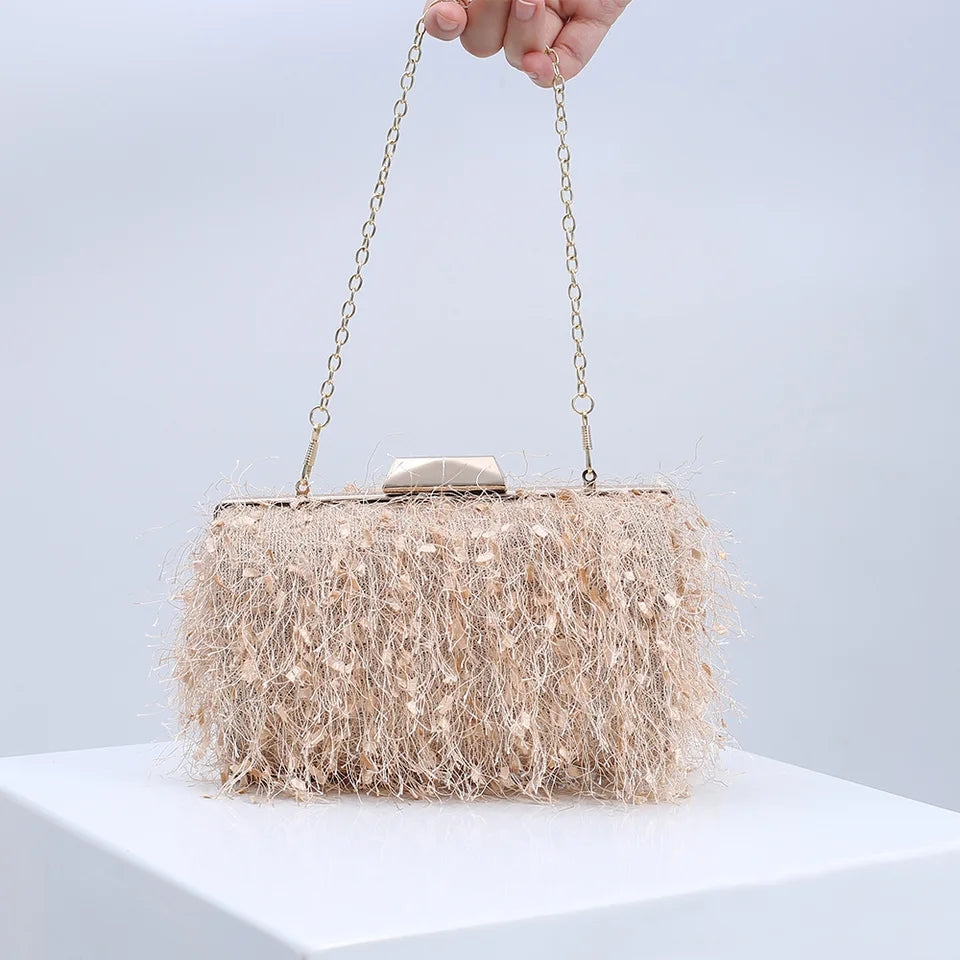 Apricot Faux Feather Clutch Bag