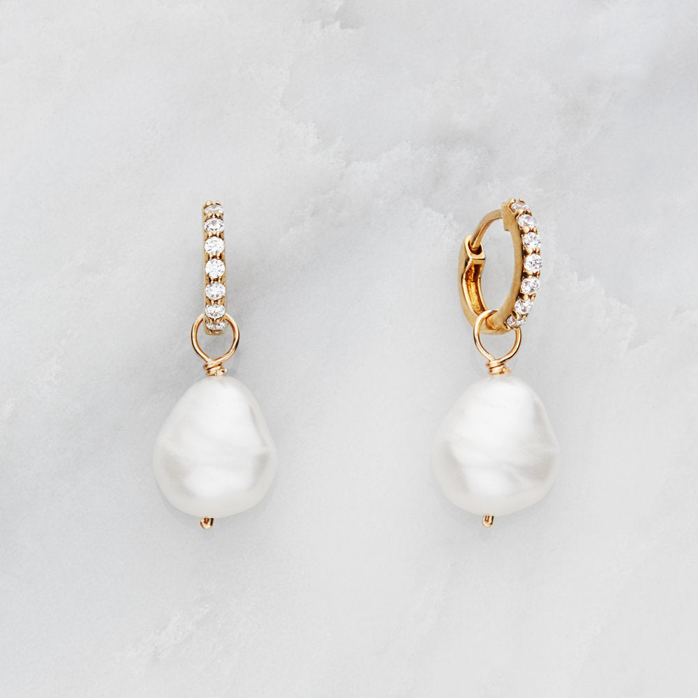 Gold Huggie Pearl Drop Earrings